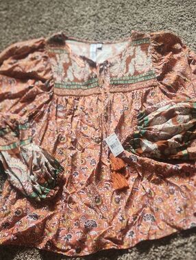 Rust Floral Smocked Boho Blouse with Tassel Tie